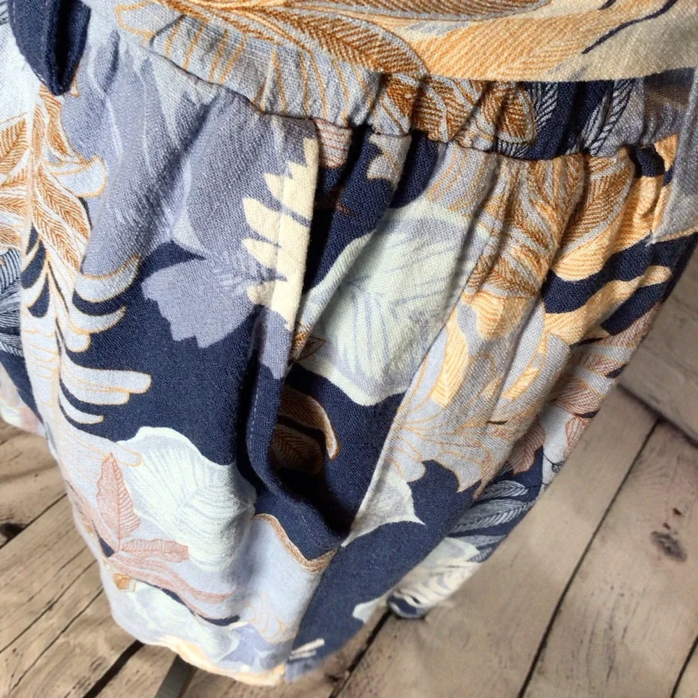 Aeropostale Blue Tan Leaf Print Paperbag Belted Skirt Small